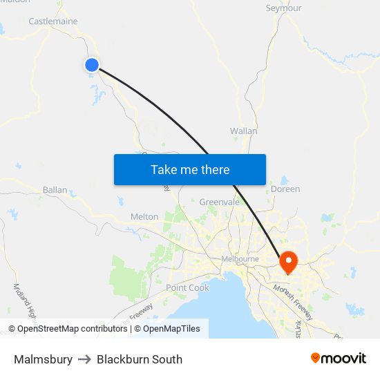 Malmsbury to Blackburn South map