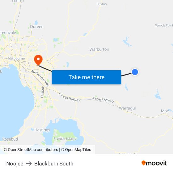 Noojee to Blackburn South map