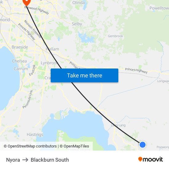 Nyora to Blackburn South map