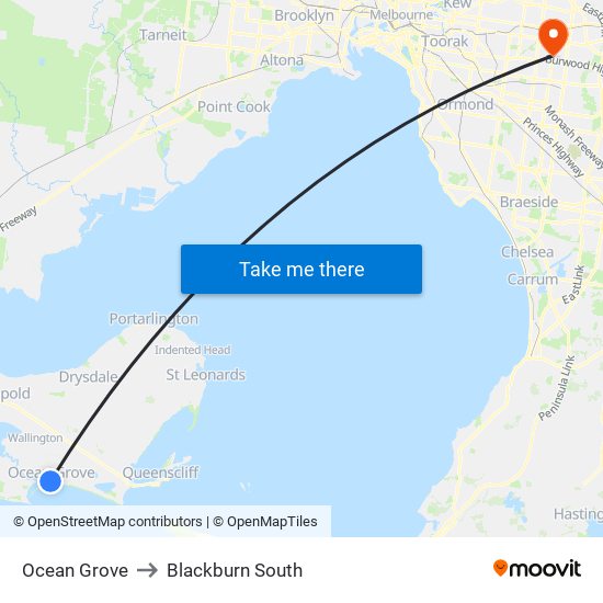 Ocean Grove to Blackburn South map