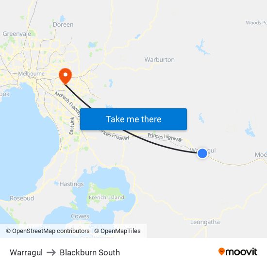 Warragul to Blackburn South map