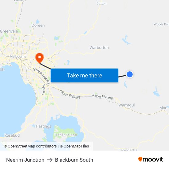 Neerim Junction to Blackburn South map