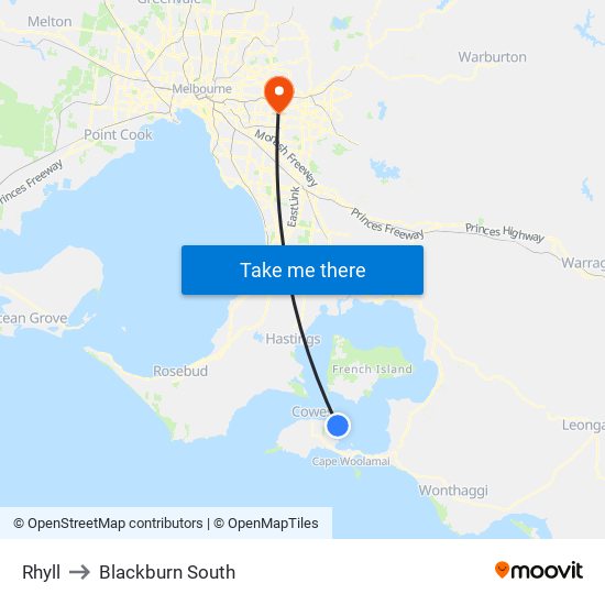 Rhyll to Blackburn South map