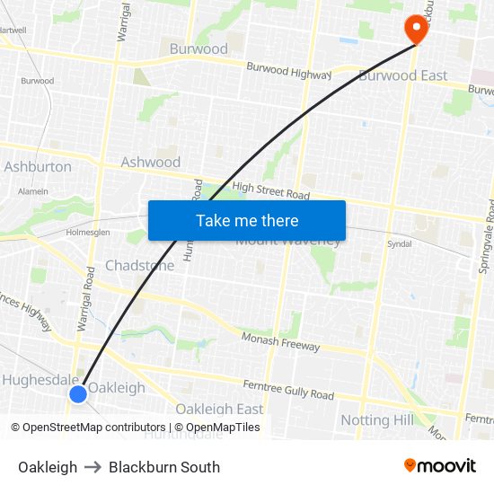 Oakleigh to Blackburn South map