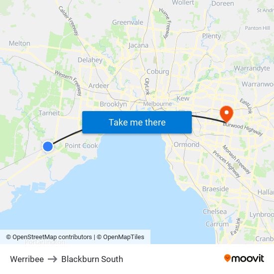 Werribee to Blackburn South map
