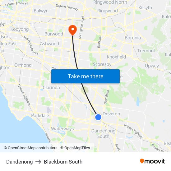Dandenong to Blackburn South map