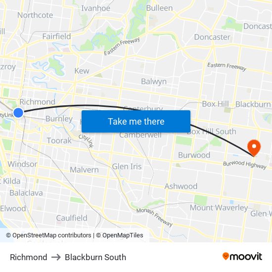 Richmond to Blackburn South map