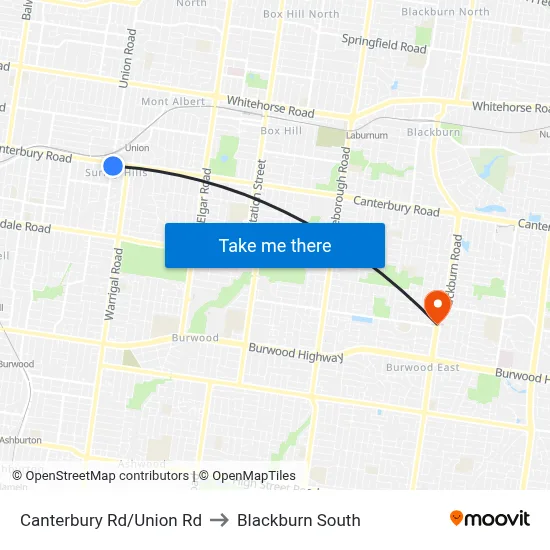 Canterbury Rd/Union Rd to Blackburn South map