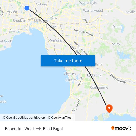 Essendon West to Blind Bight map