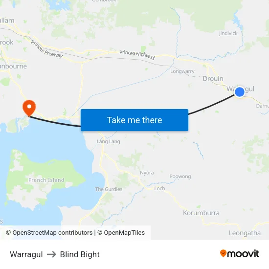Warragul to Blind Bight map