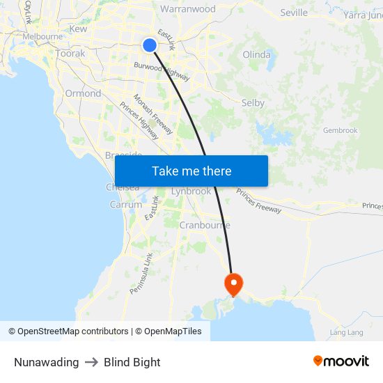 Nunawading to Blind Bight map