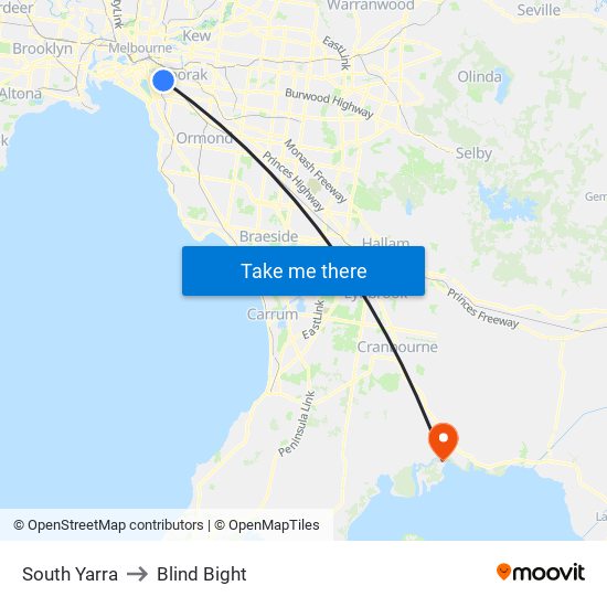 South Yarra to Blind Bight map