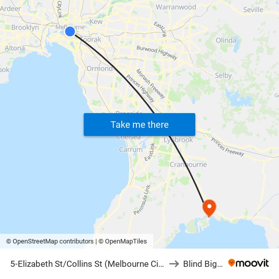 5-Elizabeth St/Collins St (Melbourne City) to Blind Bight map