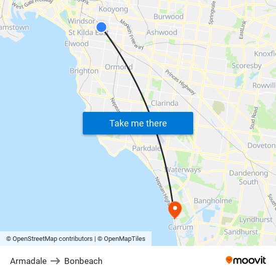 Armadale to Bonbeach map