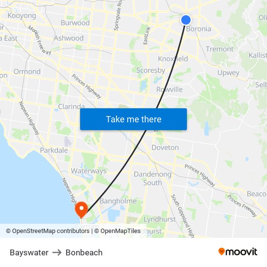 Bayswater to Bonbeach map