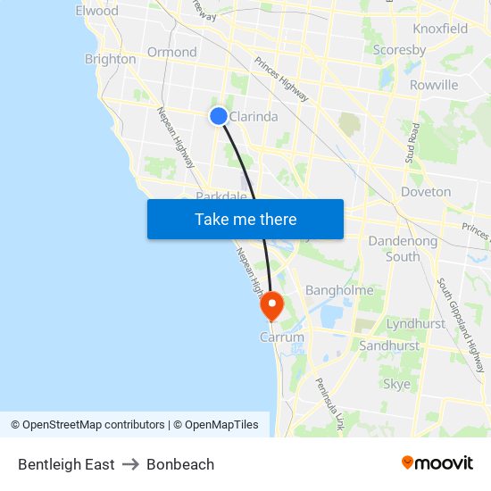 Bentleigh East to Bonbeach map