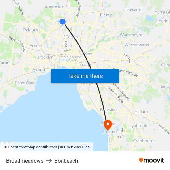 Broadmeadows to Bonbeach map