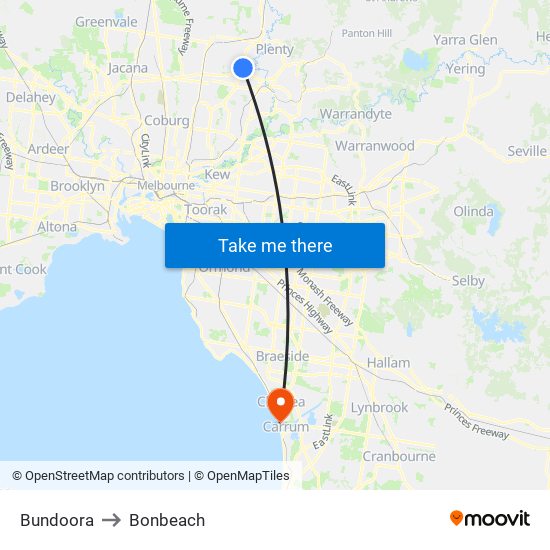 Bundoora to Bonbeach map