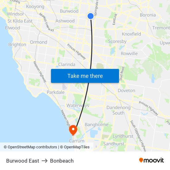 Burwood East to Bonbeach map