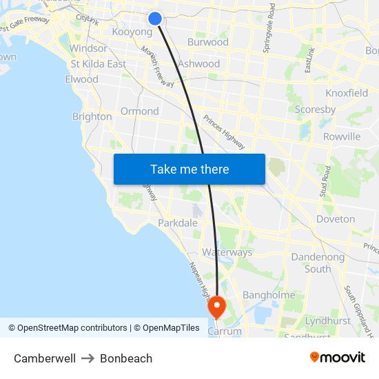 Camberwell to Bonbeach map