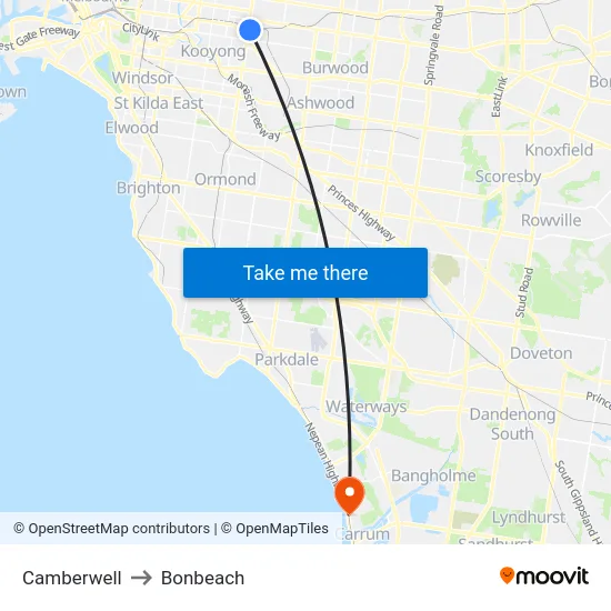 Camberwell to Bonbeach map