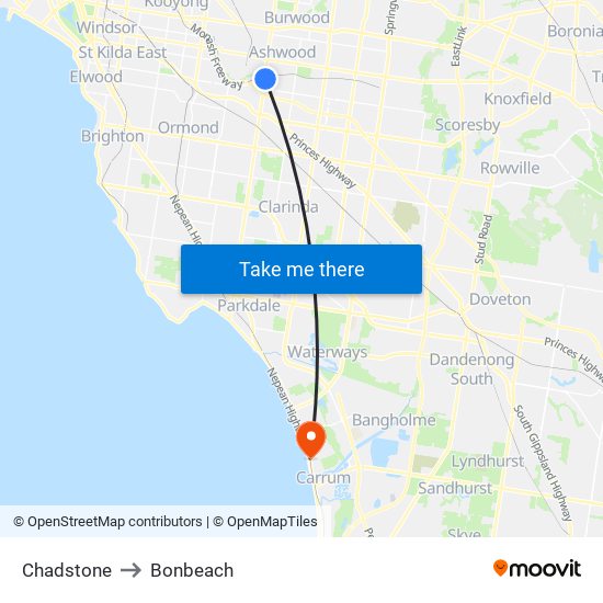 Chadstone to Bonbeach map