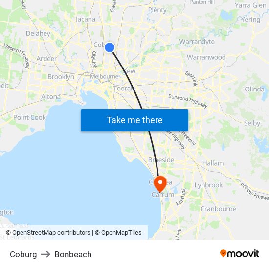 Coburg to Bonbeach map