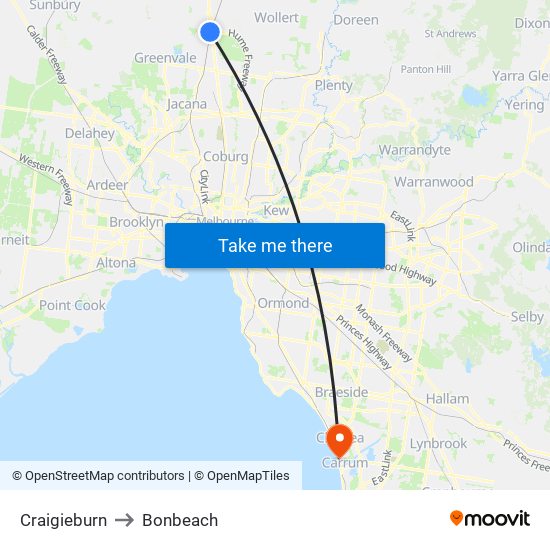 Craigieburn to Bonbeach map