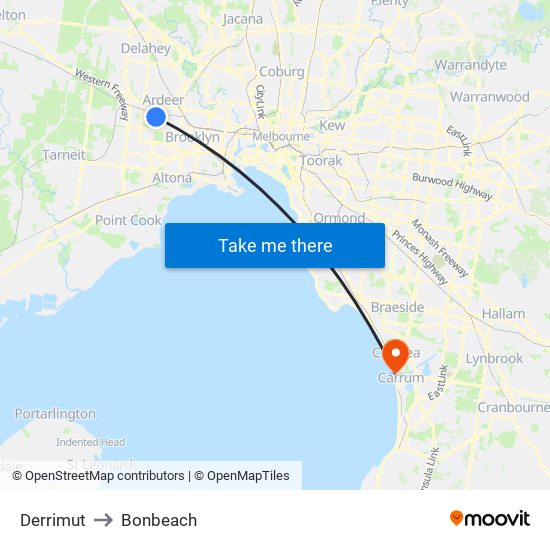 Derrimut to Bonbeach map