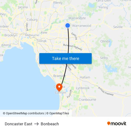 Doncaster East to Bonbeach map