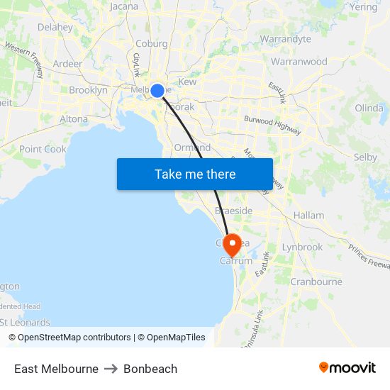 East Melbourne to Bonbeach map