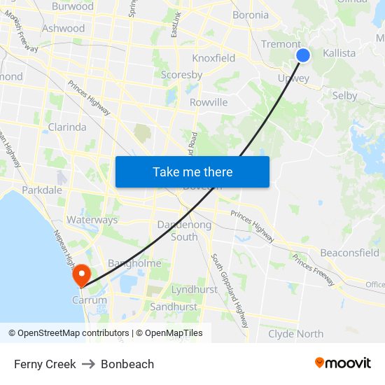 Ferny Creek to Bonbeach map