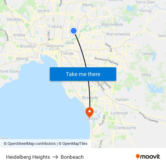 Heidelberg Heights to Bonbeach map