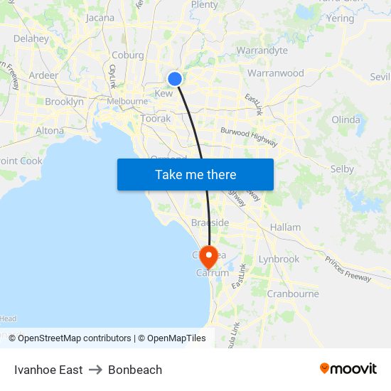 Ivanhoe East to Bonbeach map