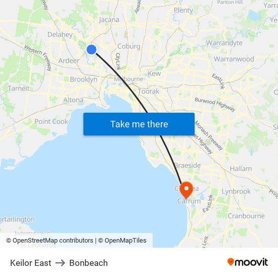 Keilor East to Bonbeach map