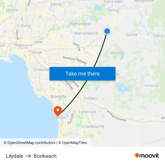 Lilydale to Bonbeach map