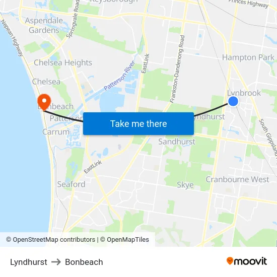 Lyndhurst to Bonbeach map