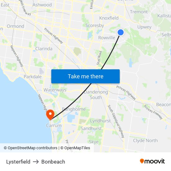 Lysterfield to Bonbeach map