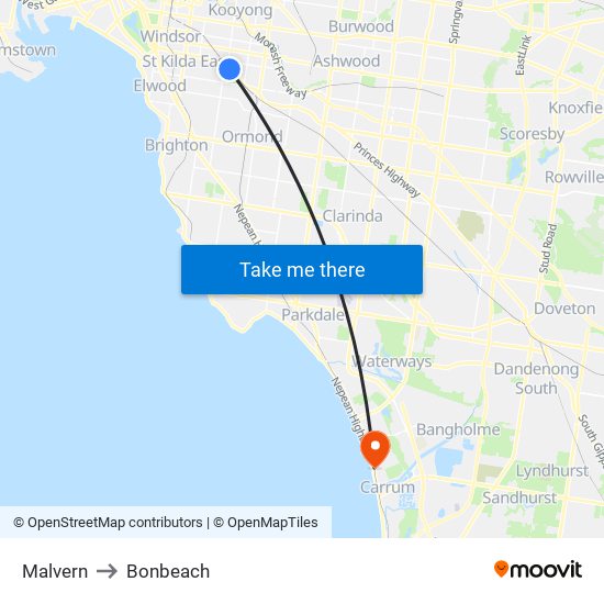 Malvern to Bonbeach map