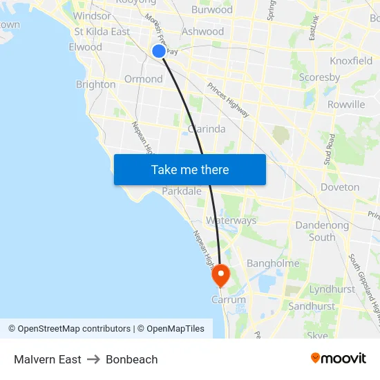 Malvern East to Bonbeach map
