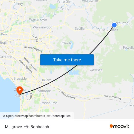 Millgrove to Bonbeach map