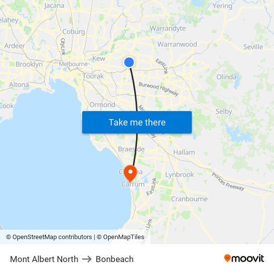 Mont Albert North to Bonbeach map