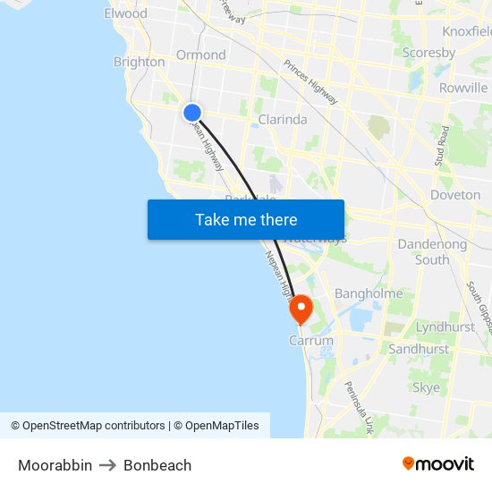 Moorabbin to Bonbeach map