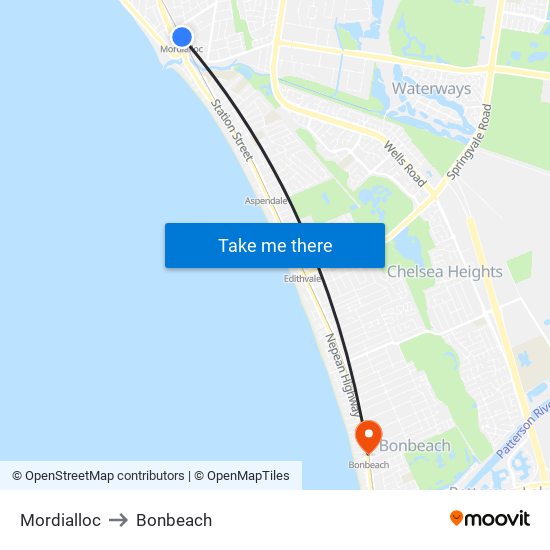 Mordialloc to Bonbeach map