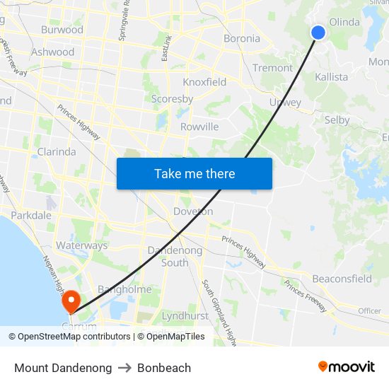 Mount Dandenong to Bonbeach map