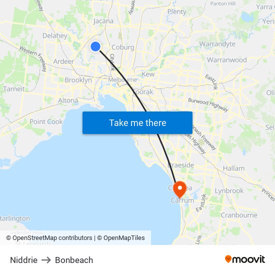 Niddrie to Bonbeach map