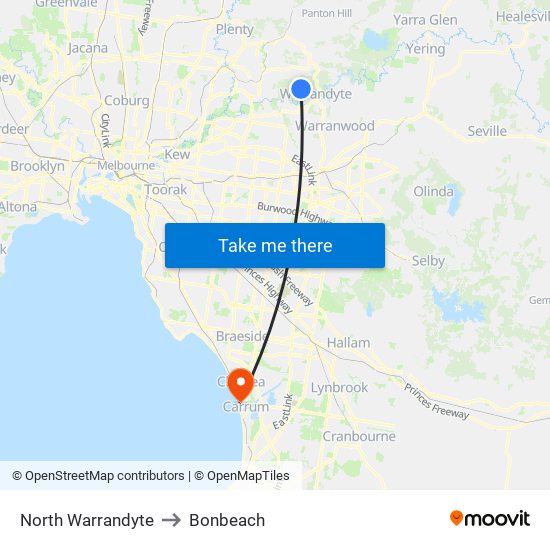 North Warrandyte to Bonbeach map