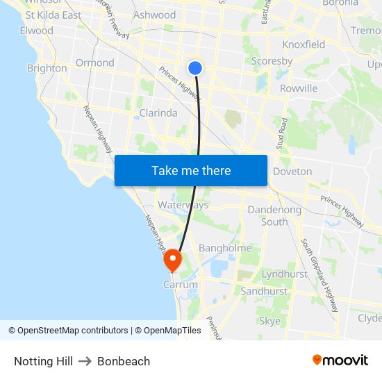 Notting Hill to Bonbeach map