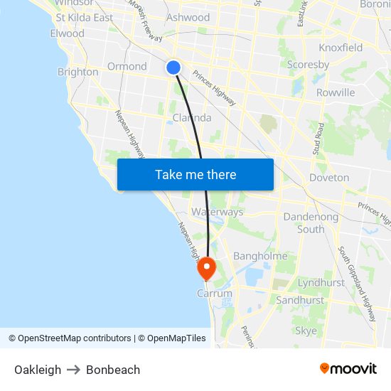 Oakleigh to Bonbeach map