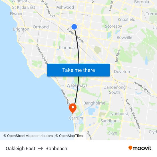 Oakleigh East to Bonbeach map